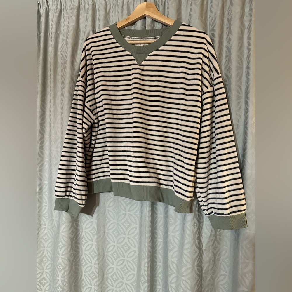 Madewell Women’s XL Striped Terry Cloth Top Sweat Shirt Navy Blue Sage Green EUC